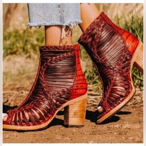 Freebird Bela Boot Braided Croc Leather Wine 9 Chunky Heel Open Toe Ankle Bootie